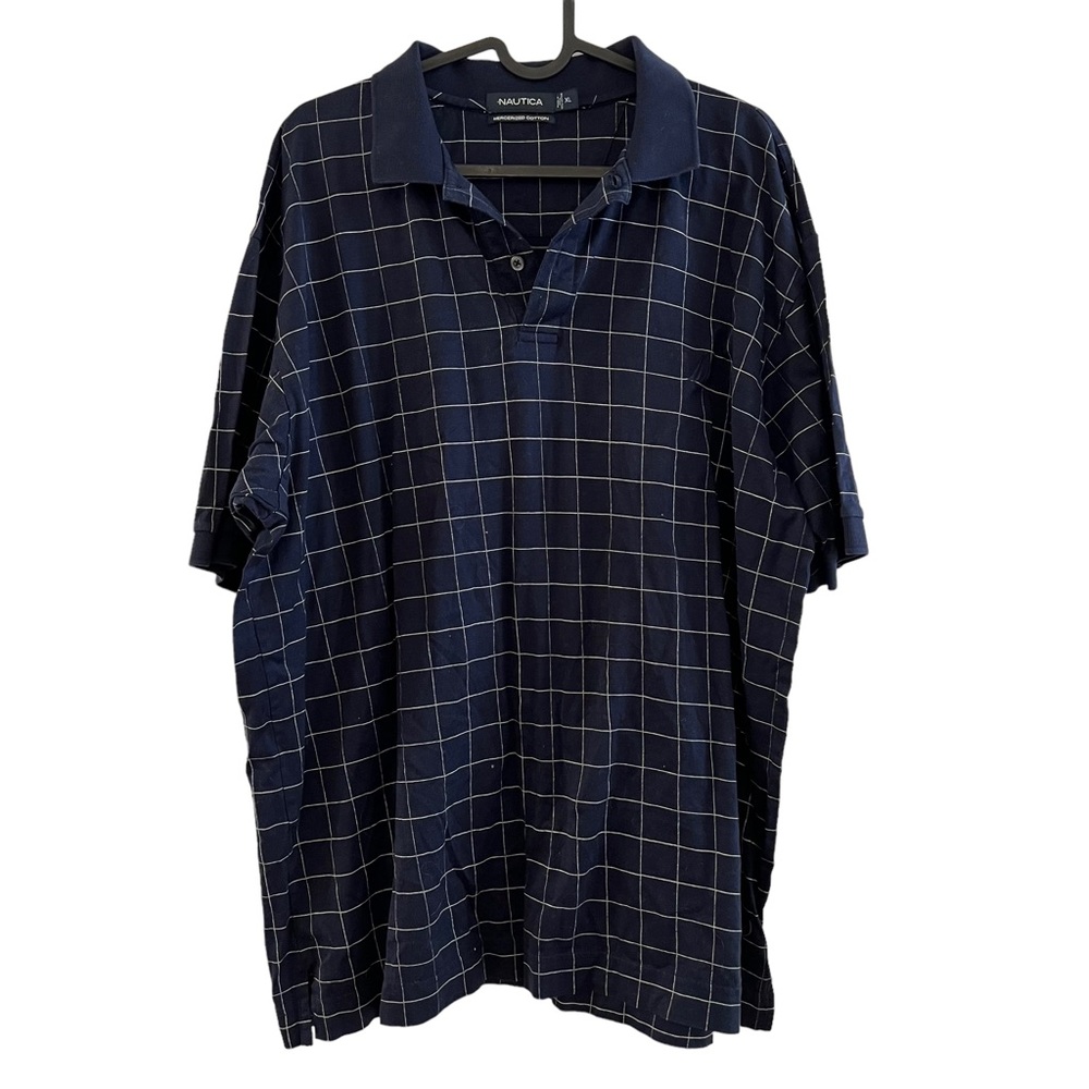 2/$15 Nautica XL mens blue short sleeve polo white check pattern